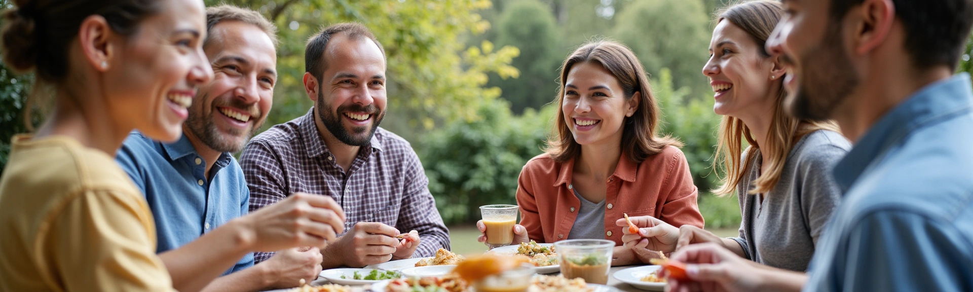 Happy diverse people enjoying healthy food, smiling